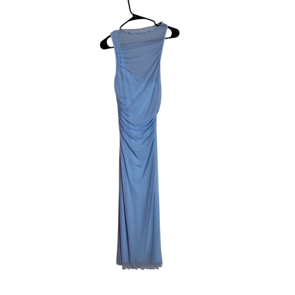 SHEIN Maxi Dress Womens Size M Blue Mesh Ruched Sheer Overlay Bodycon